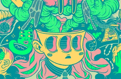 An image of a three-eyed man against a green background. His head is open and strange and wonderful characters are pouring out of it.