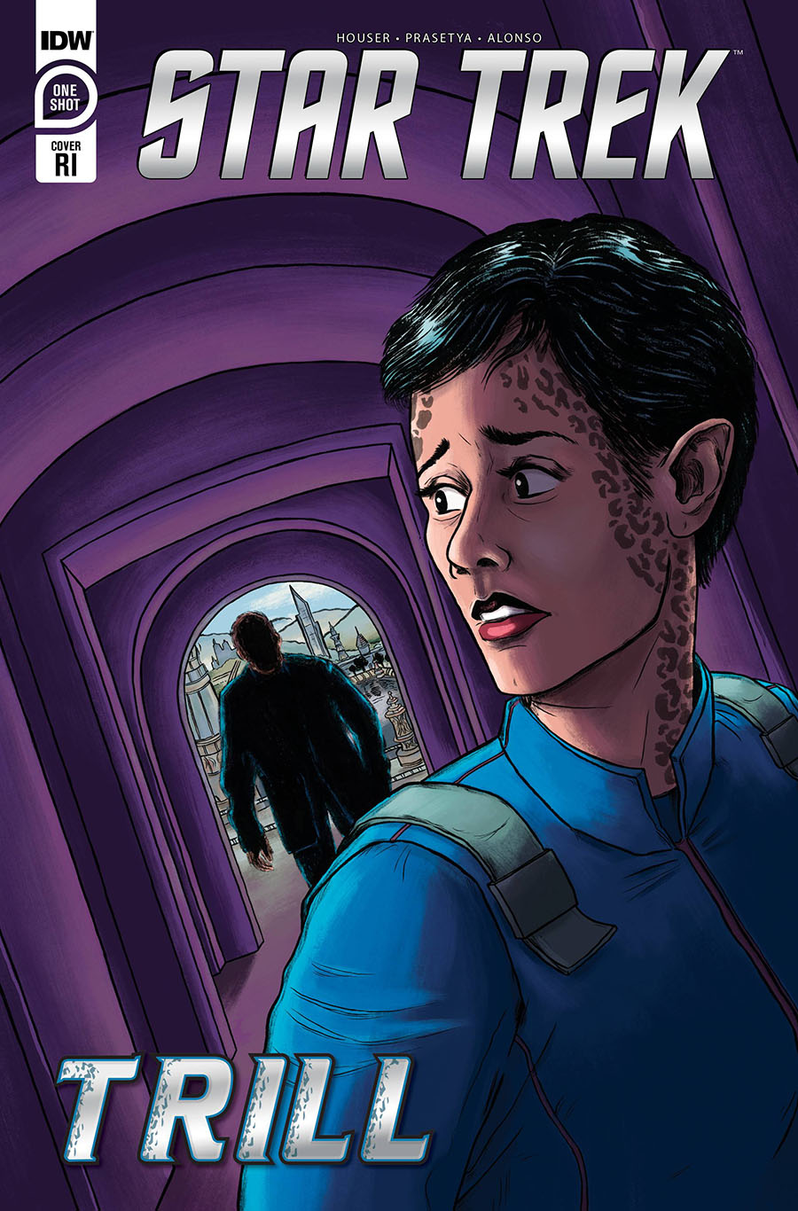 Cover of Star Trek Trill #1 showing an officer looking over her shoulder at a mysterious shadowy figure.