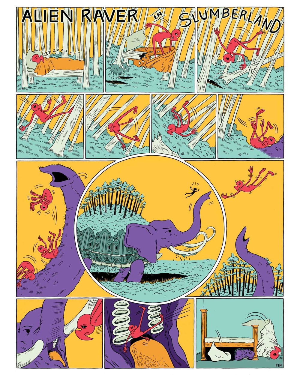 A page from Alex Beguez's comic 'Alien Raver in Slumberland' showing a red bird-like figure tumbling through a magical forest until he slides off the trunk of an elephant and lands on his bedroom floor. He fell off his bed while dreaming.