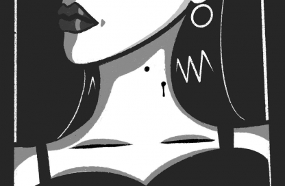 Black and white illustration of a woman from the collar bones up to the nose. her neck has a bleeding vampire bite.