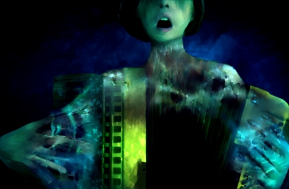 A woman with a harpsichord sings. The shot is taken with only the lower half of her face showing.