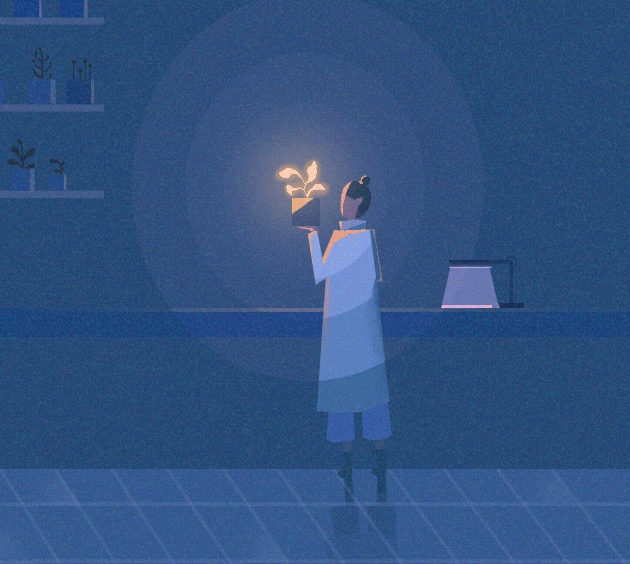A woman in a lab coat holds a glowing flower