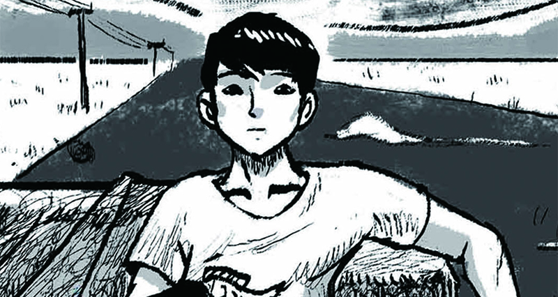 Black and white illustration of a figure against a landscape.