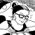 Drawing of a light shining behind a woman with glasses, hoop earrings and a bun while she writes something.