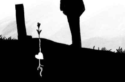 Illustration of a single flower's roots digging under the dirt, with a heart in the roots