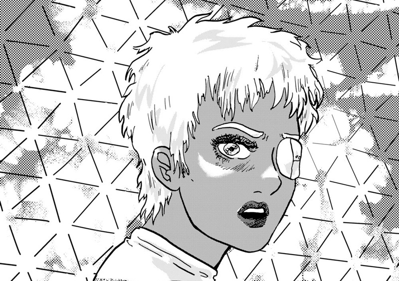 Image of Adri from Abigael Puritz's thesis story, Adri, a dark skinned person with short light hair and an eyepatch.