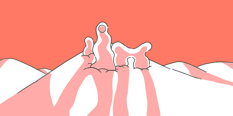 Monochromatic pink illustration of shapes on hills, casting shadows.