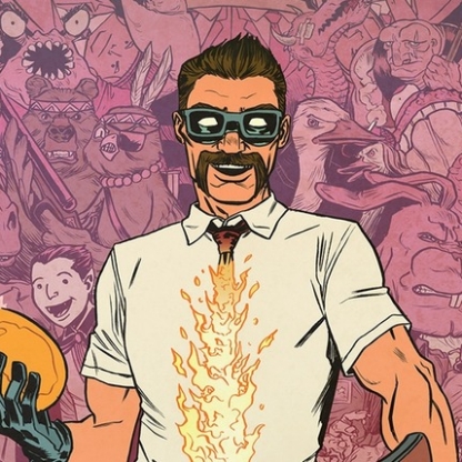 An illustration shows a masculine figure with light skin, brown hair, sunglasses, gloves, and a thick handlebar mustache. The figure laughs widely as their tie bursts into flames. Behind them is a variety of pink animals and figures, all with threatening expressions.