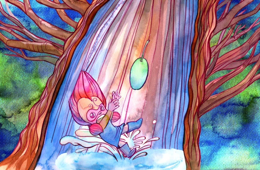 Illustration of a girl with pink hair falling into water from a high tree.