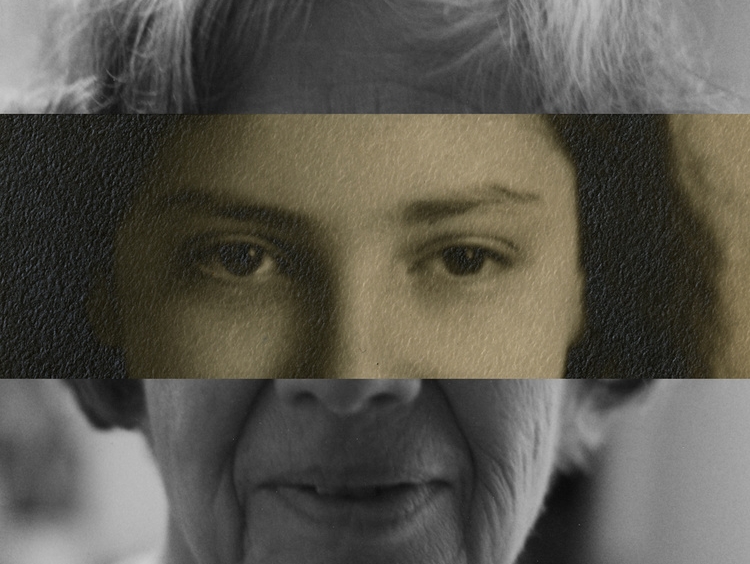 A triptych of photos in a horizontal position show the hair, nose and eyes, and chin of three women together as one face.