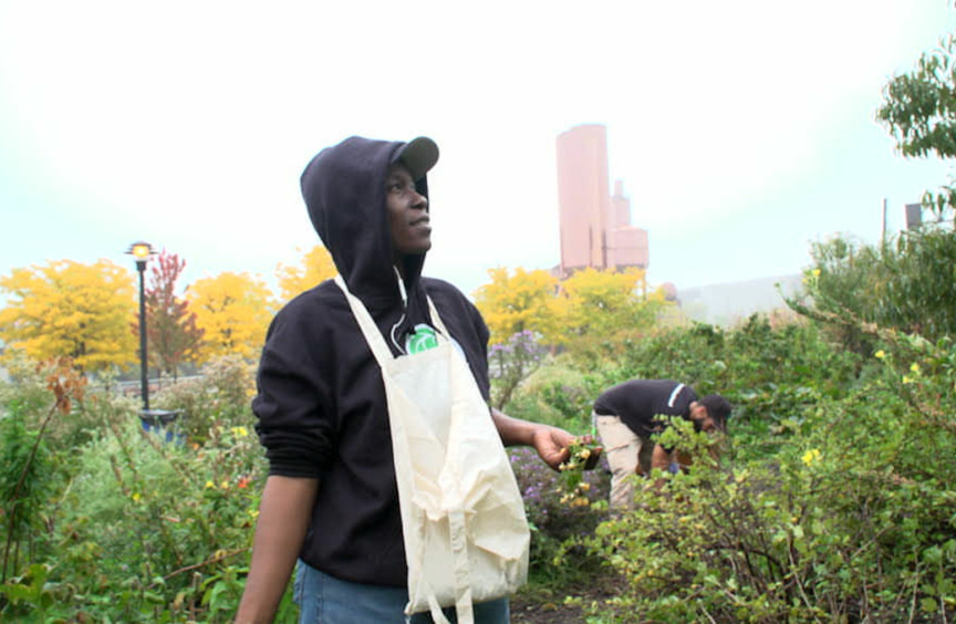 Photo of a woman in a baseball cap looking up with a green garden in the Bronx in the background.