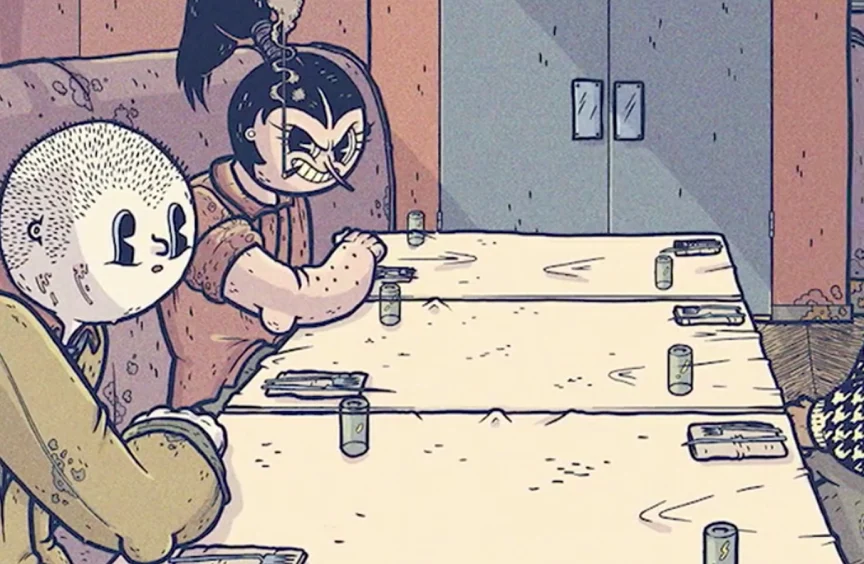 A comic panel of two characters sitting at a table. A female character with a ponytail looks on menacingly with a smirk.