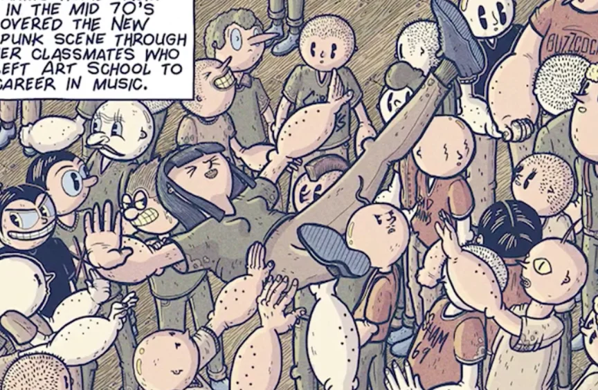A female character crowdsurfing in a crowd.