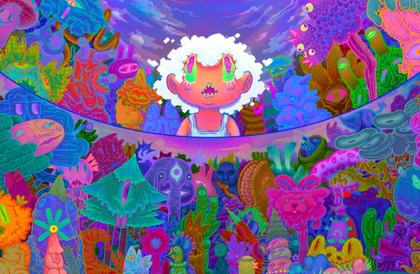 A white-haired creature is entering a forest full of faces.