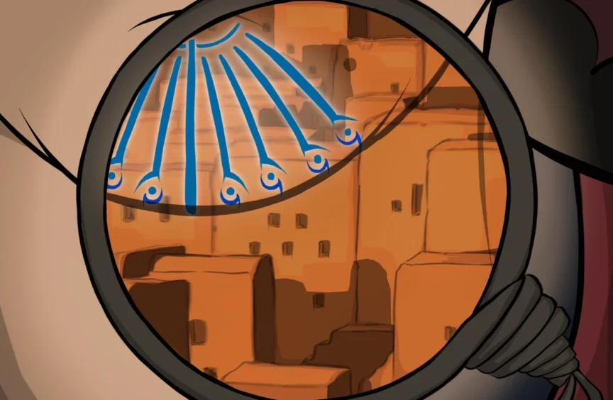 Image of glass hovering over a woman’s chin, revealing buildings and images of outstretched arms motif