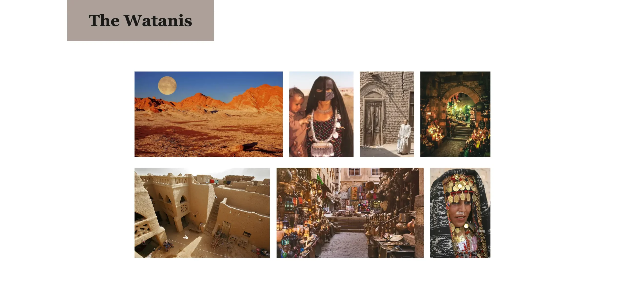 Images of desert landscapes, architecture, and women in traditional Arab dress