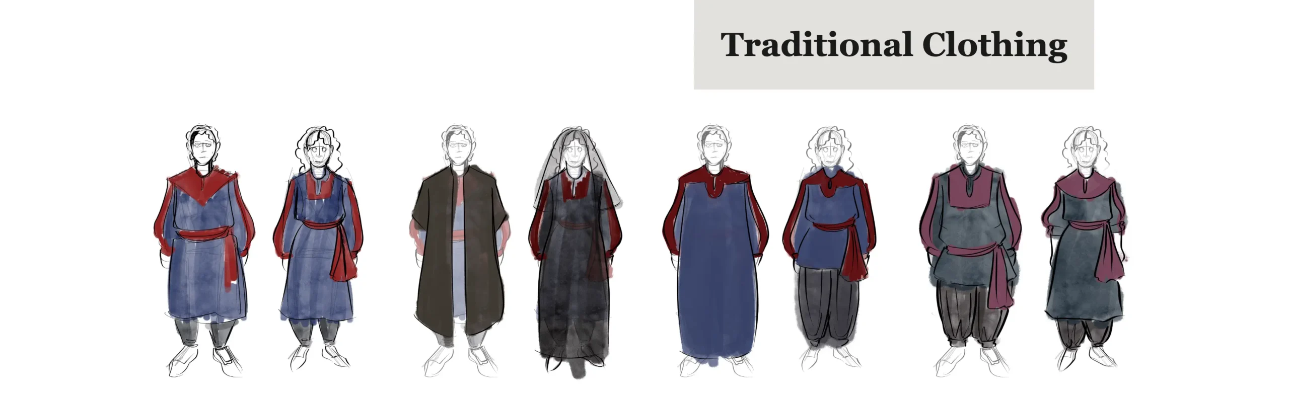 Images of rough sketches of people in traditional navy and maroon clothing