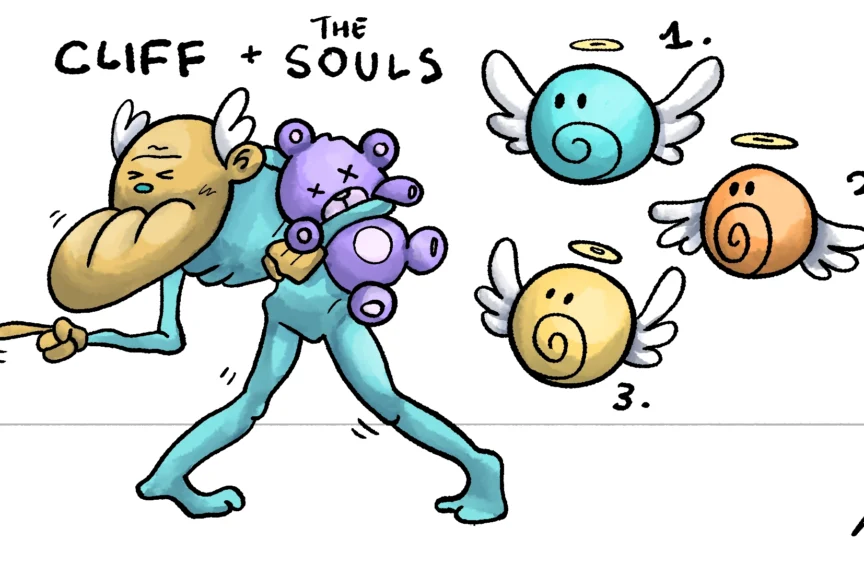 A character sheet illustrating an old man in pajamas clutching a teddy bear and three floating orbs with wings and halos.