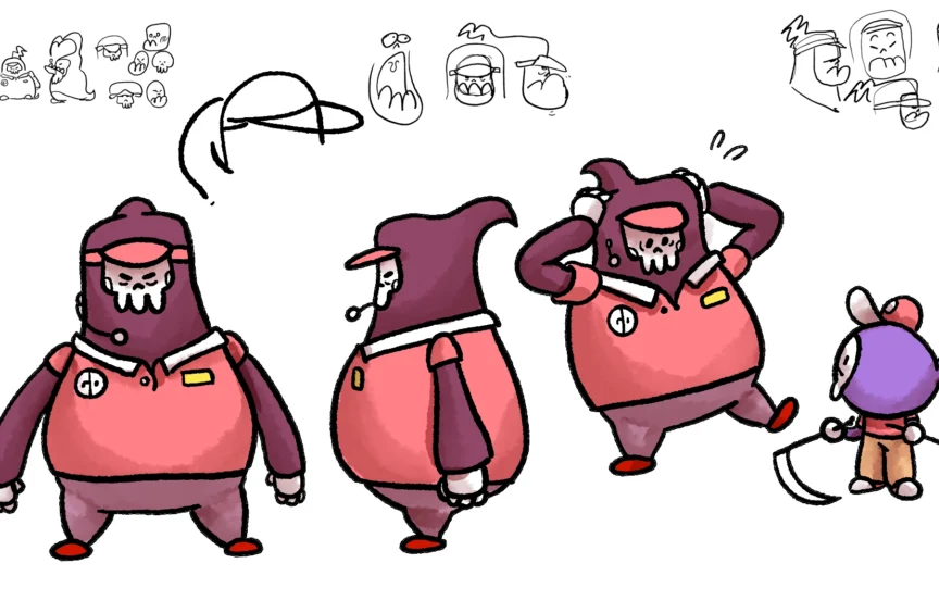 A character sheet illustrating a short, round, grumpy grim reaper looking at another, tinier grim reaper holding a broken scythe.