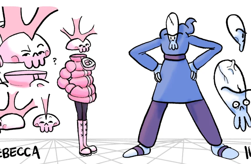 A character design sheet of a pink skeleton with a mohawk and puffy jacket next to a tall, skinny skeleton with a crack in his skull wearing blue robes.