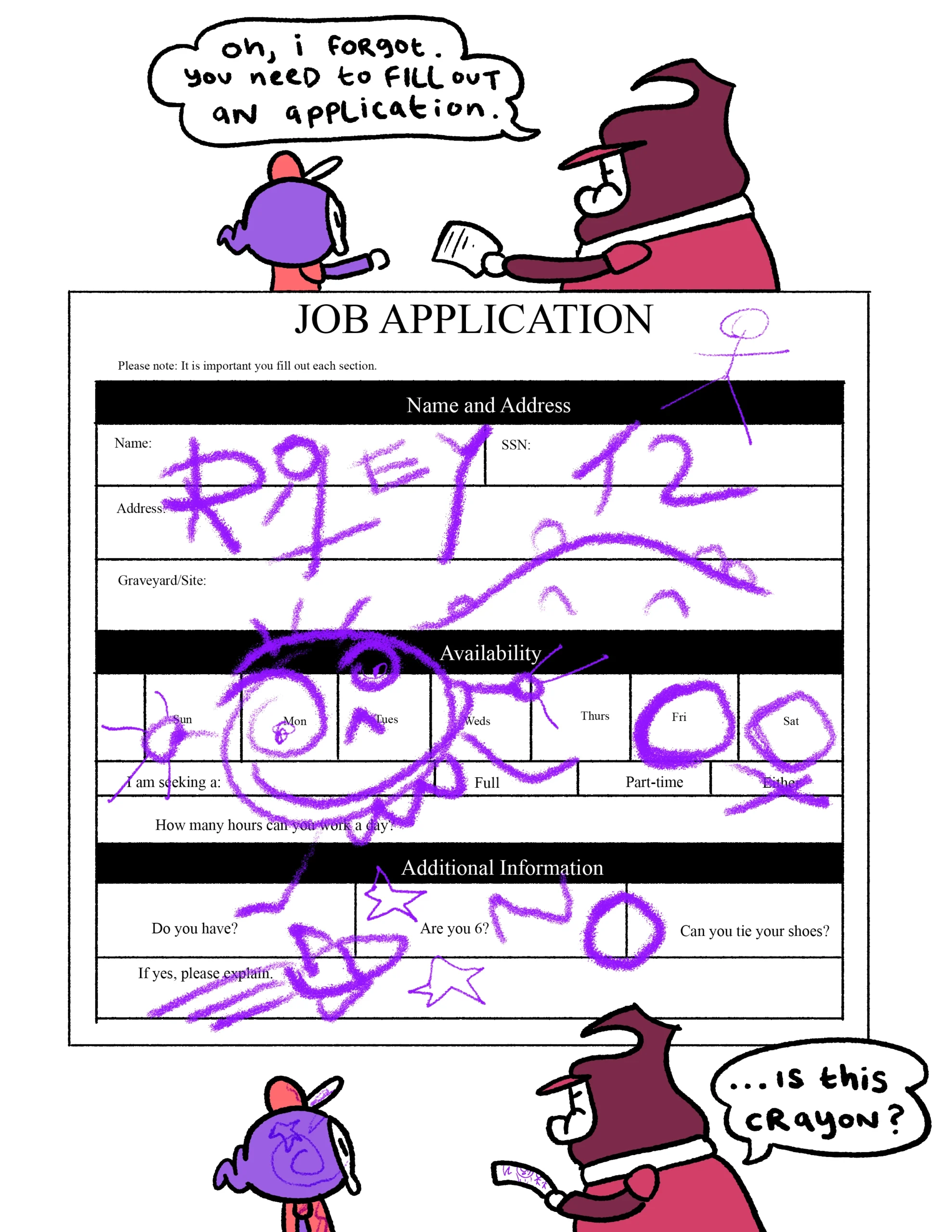 A job application for a position as a Grim Reaper, scribbled over with purple crayon.