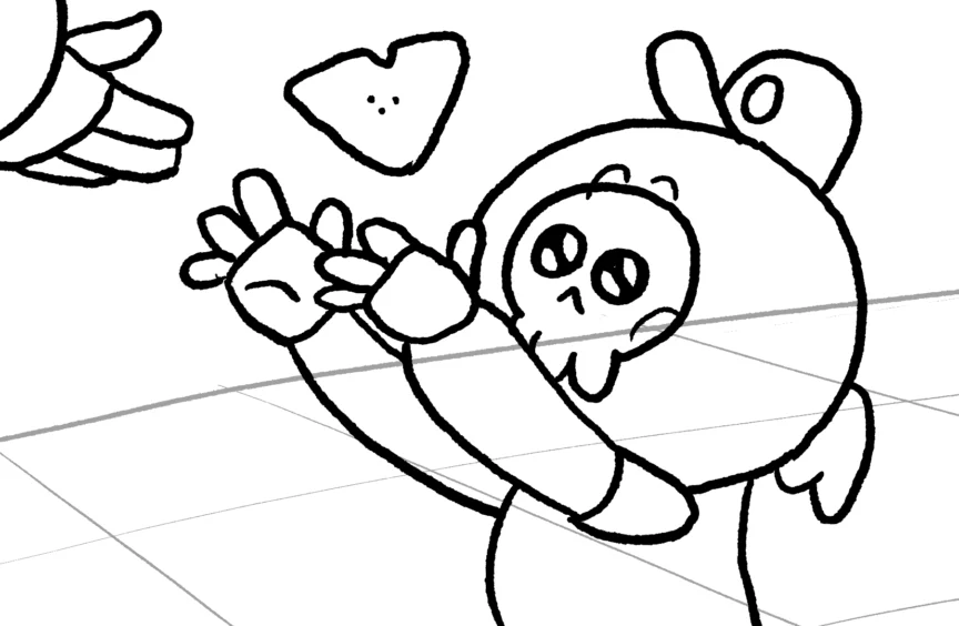 A black and white drawing of a small, wide-eyed skeletal boy being given a rock by one of his coworkers.