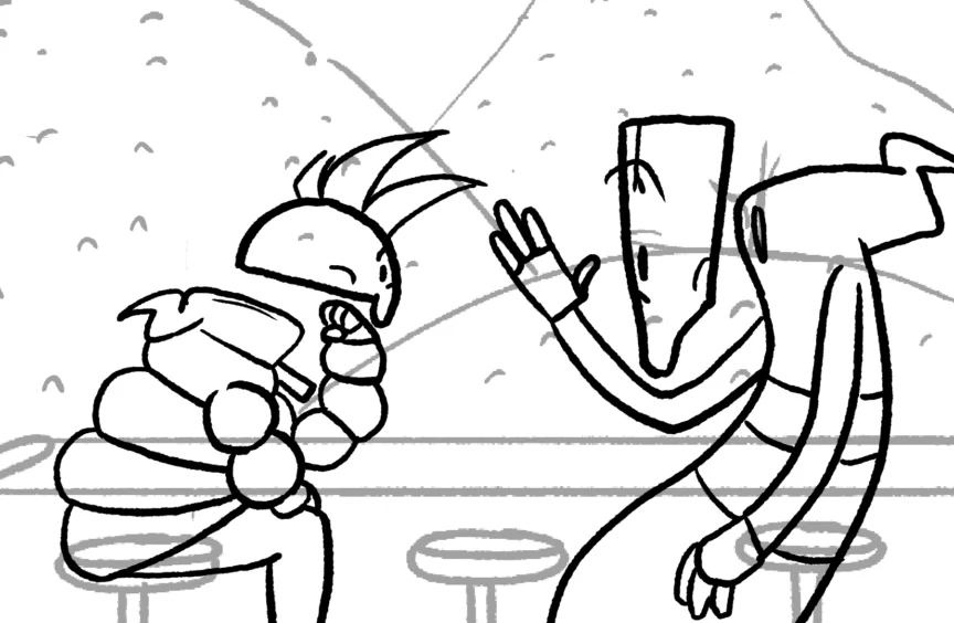 A black and white drawing of a skeleton with a mohawk wearing a puffy jacket having a conversation with her coworker, a skinny skeleton with poor posture and a crack in his skull.