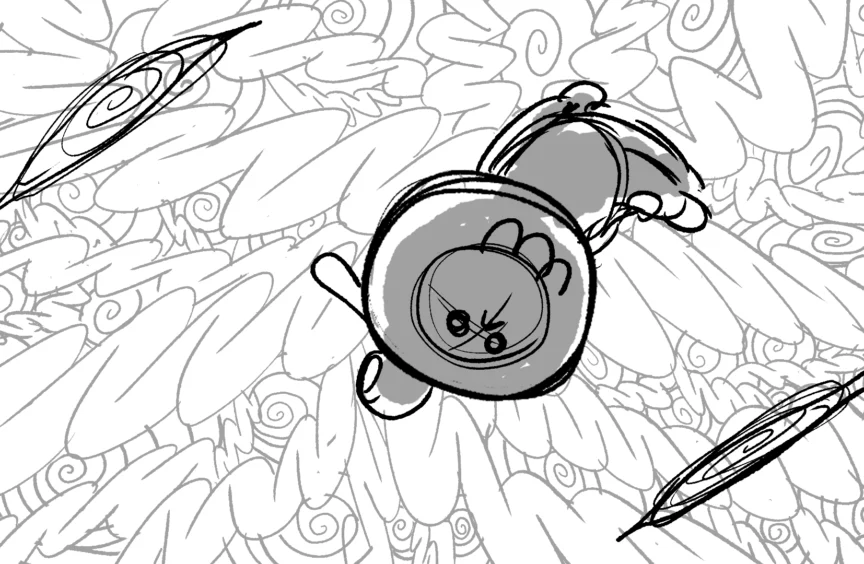 A black and white drawing of a small, skeleton boy flying through the air of an otherworldly space.