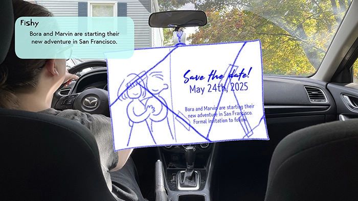 A rough sketch of a save-the-date card, superimposed on a photo of a car’s interior.