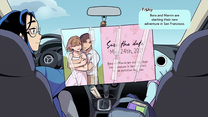 The finished image of a save-the-date card, superimposed on a fully hand-drawn image of a car’s interior. The two characters in the front seat are smiling at each other as one of them reads the words on the card, which has clearly been ripped up and taped back together.