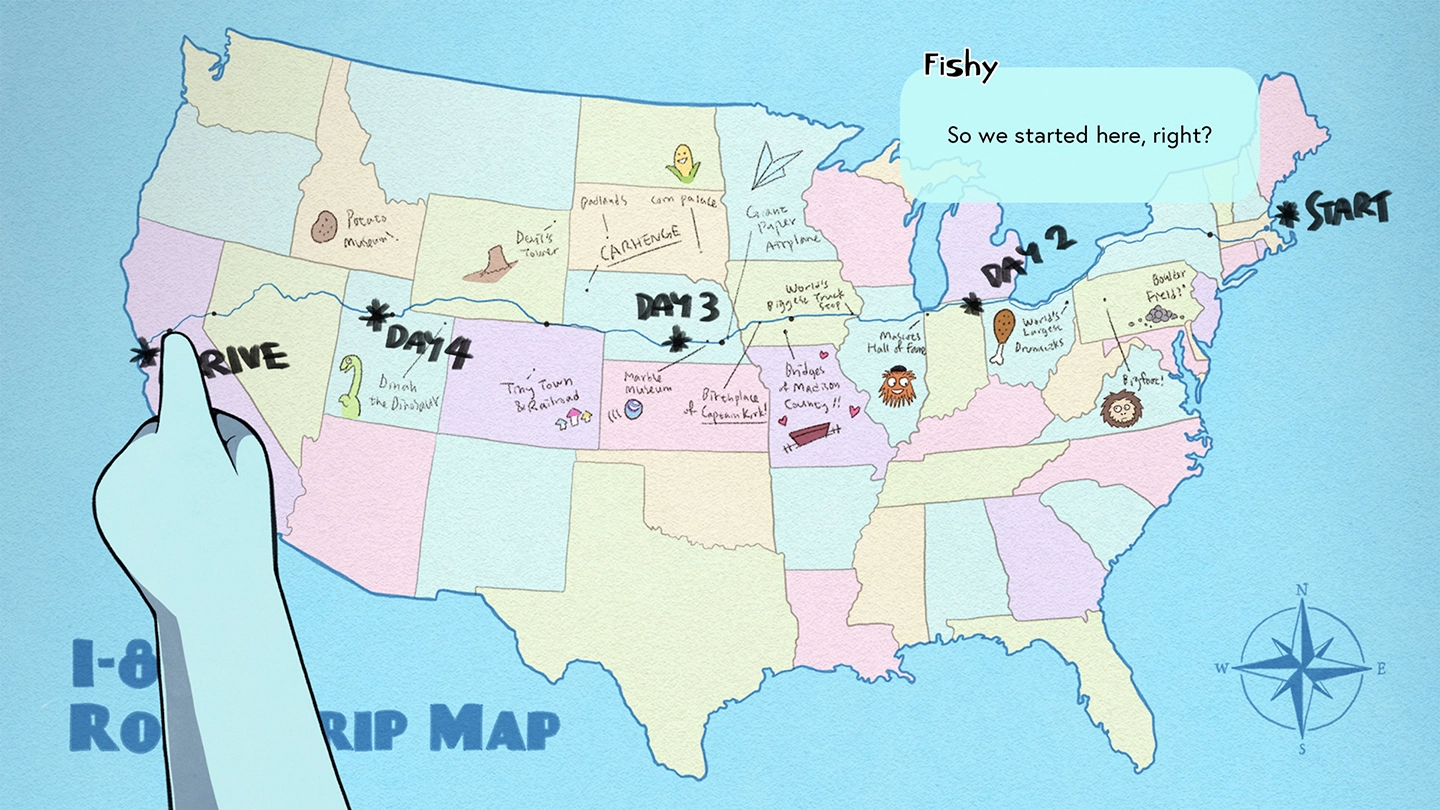 A map of the United States, with the I-80 highway highlighted and written labels along the way marking “START,” “DAY 2,” “DAY 3,” “DAY 4” and “ARRIVE.” A stubby arm is pointing at California, while a text bubble reads: “Fishy: So we started here, right?”