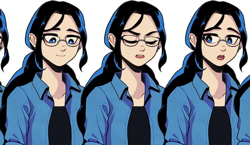 Five images of a bespectacled young woman wearing a long black ponytail, showing her different expressions. In turn, she looks neutral, pleased, annoyed, surprised, and tired.
