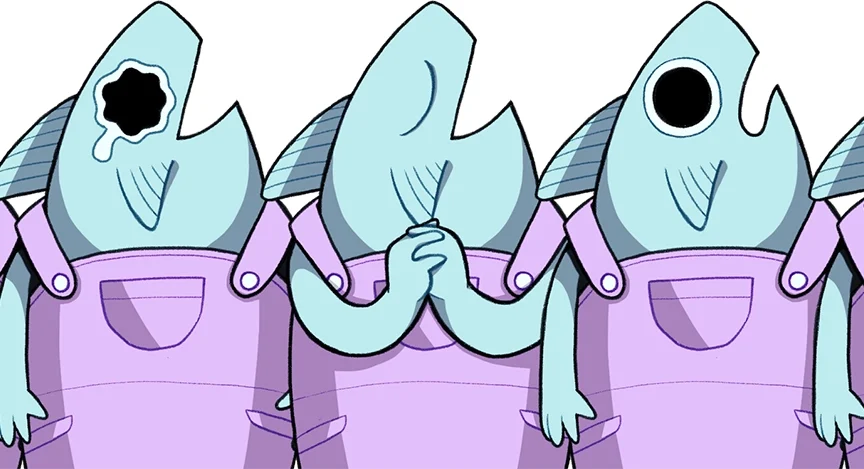 Five images of a fish character wearing overalls, showing her different expressions. In turn, she looks happy, ecstatic, proud, disappointed, and focused. Her range of emotions suggest a bombastic personality.