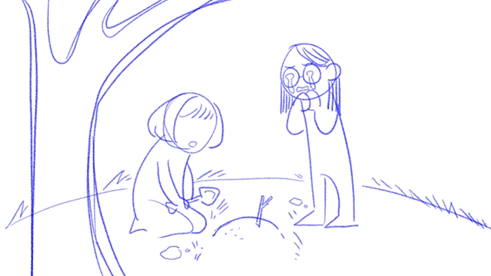 A rough sketch of two young girls standing around a small grave.