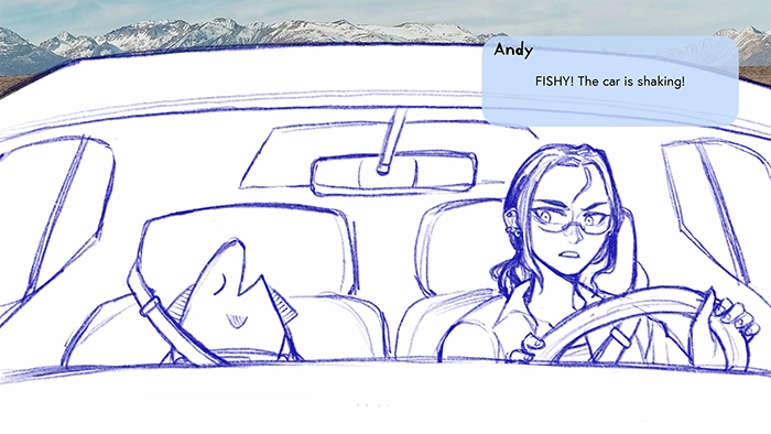 A rough sketch of a young woman driving a car with a fish character in the passenger’s seat.