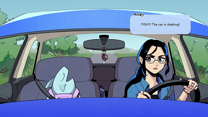 The finished image of a young woman driving a car with a fish character in the passenger’s seat. The car layout looks more realistic, with a burger keychain now hanging from the rearview mirror. The landscape, previously a stock photo, is now fully rendered with trees flanking the road.