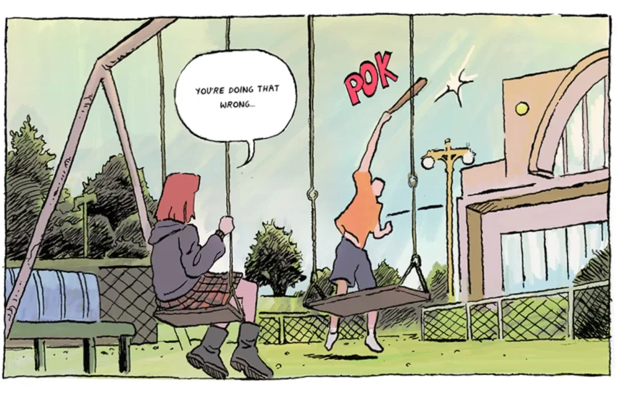 A boy hitting a tennis ball and a girl on the swings telling him that he’s doing it wrong