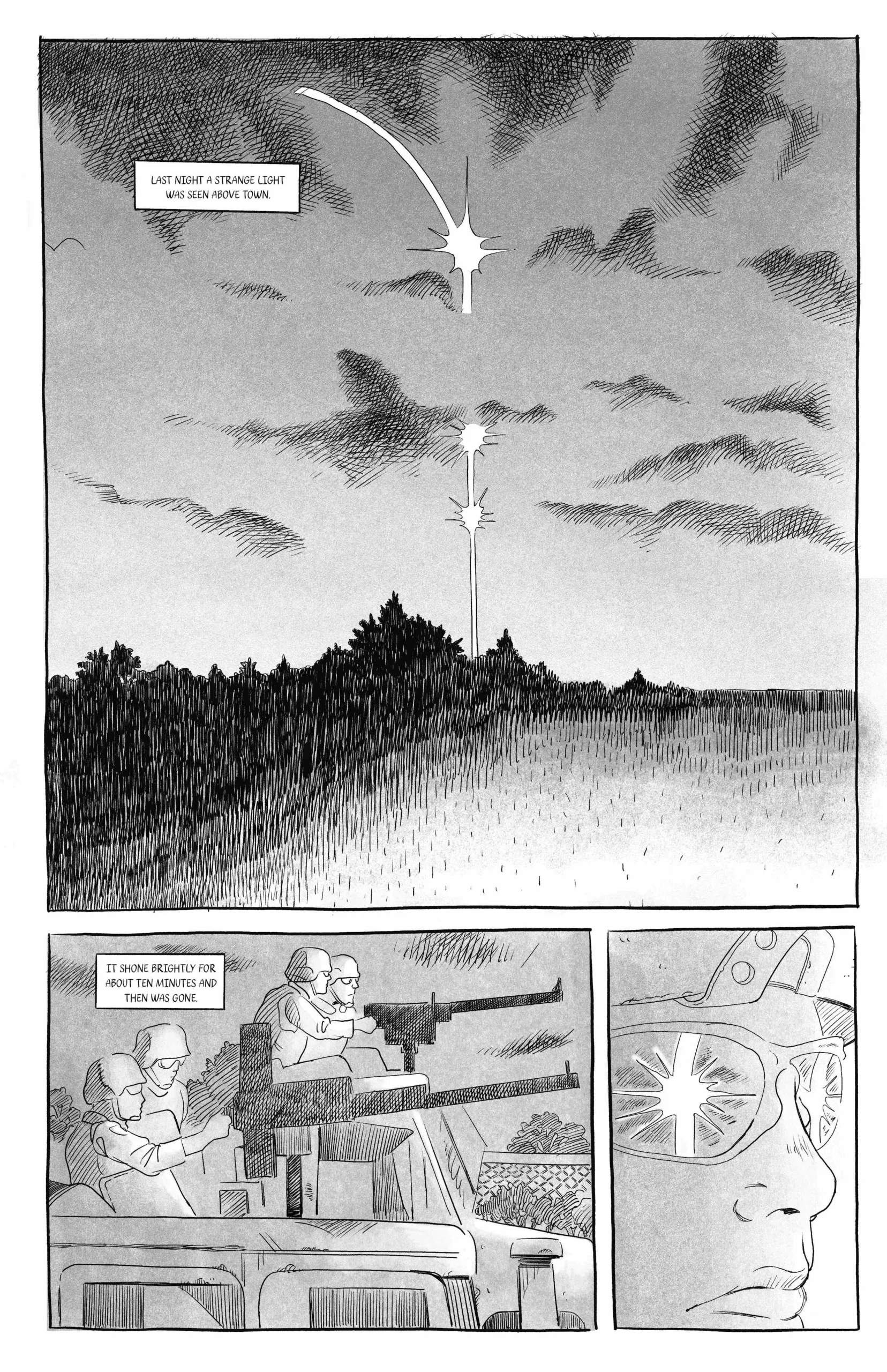 A page from Heaven’s end depicting a beam of light shooting into the sky.
