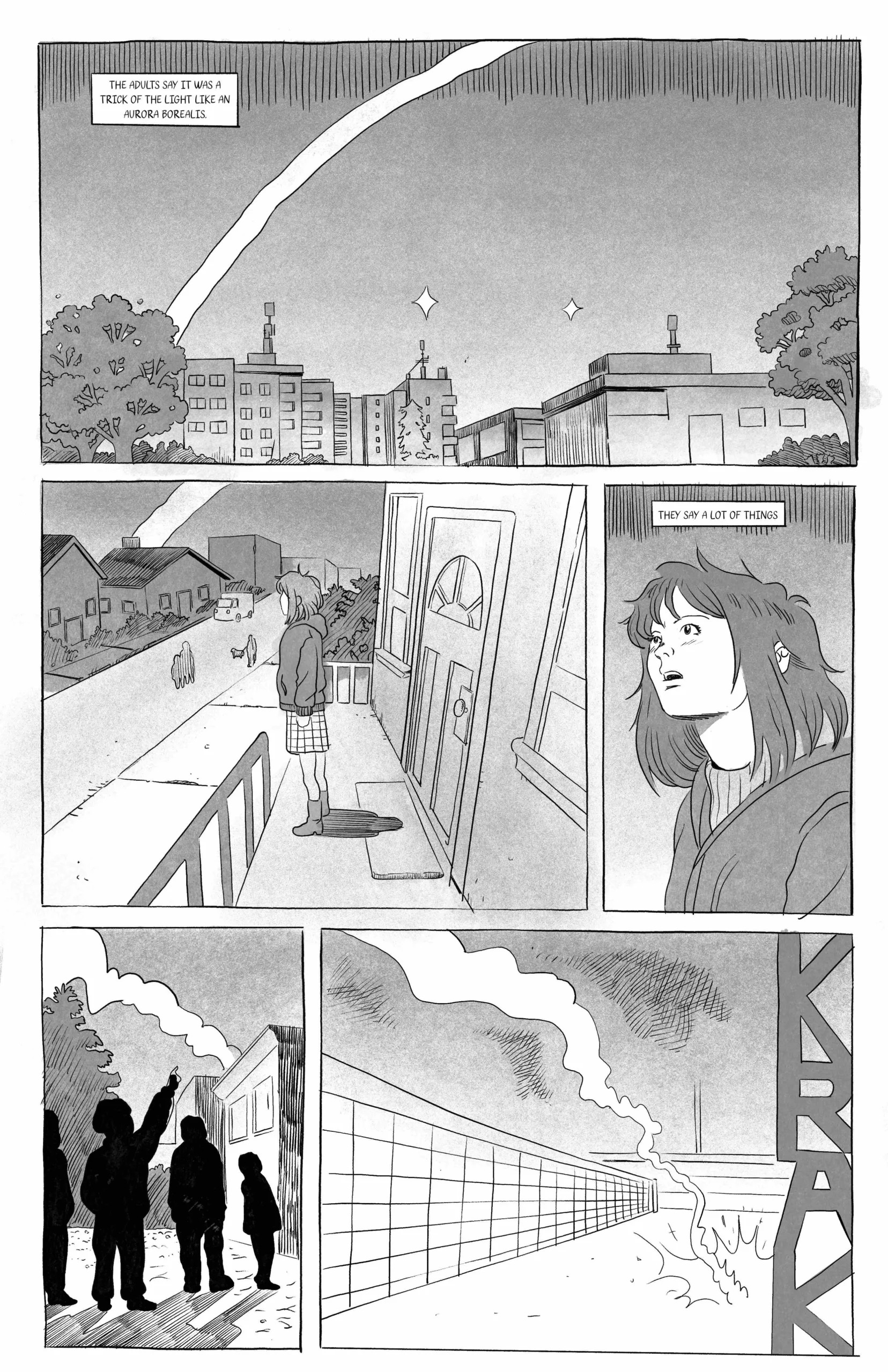 A page from Heaven’s end depicting Charlie, the protagonist, looking up at the beam of light from outside her house.