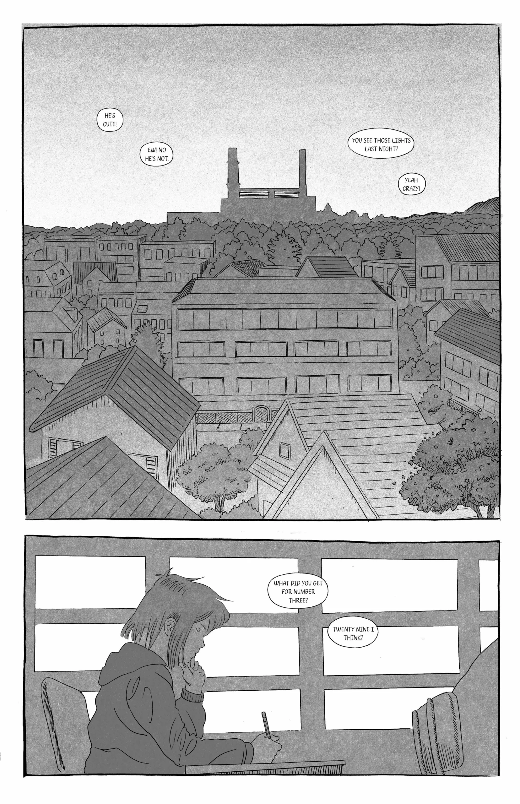 A page from Heaven’s end depicting an ariel view of the town that Charlie lived in with the Human Analytics Headquarters in the background.