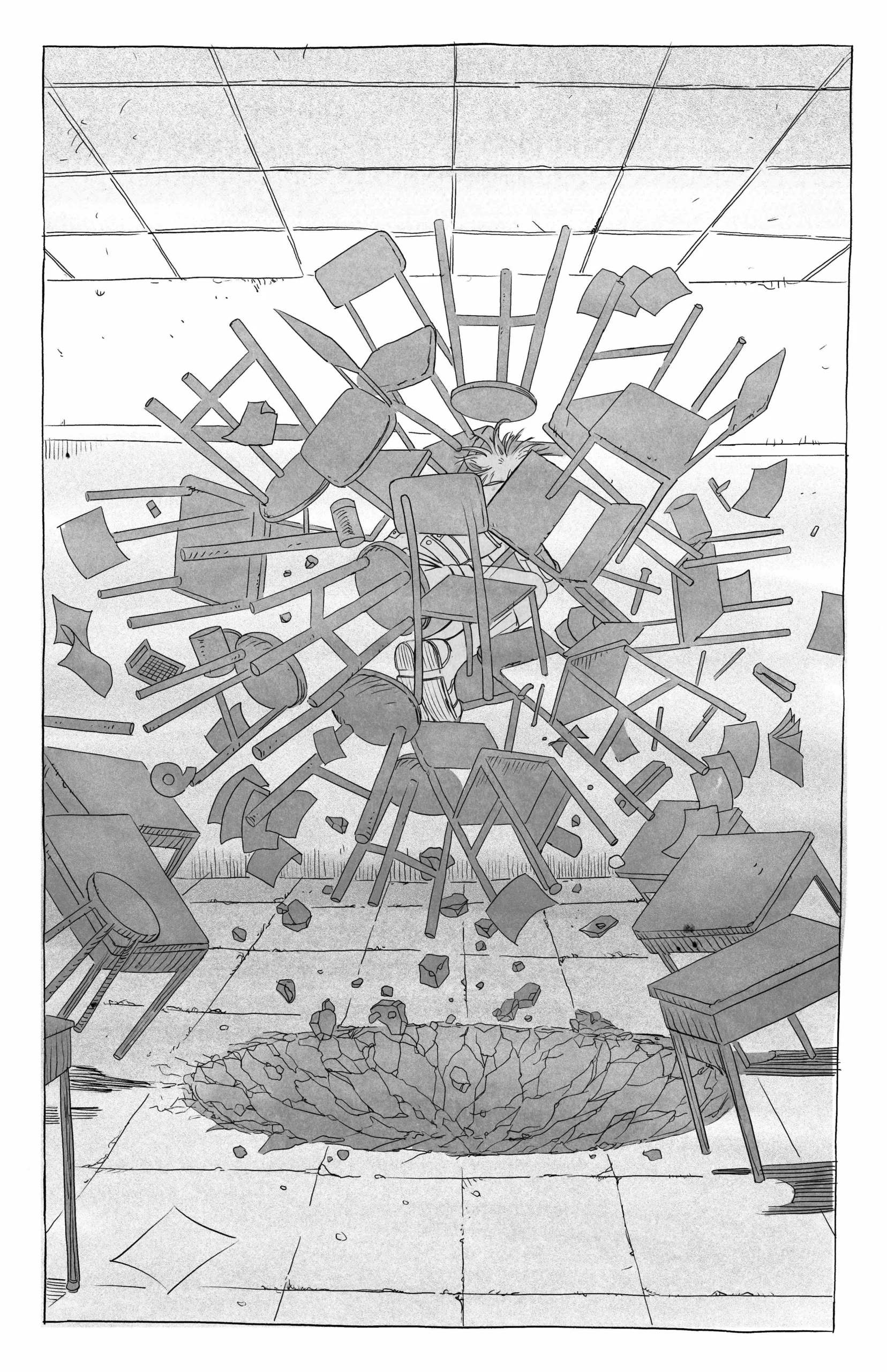 A page from Heaven’s end depicting a classroom with large cluster of chairs floating in the air in the shape of a ball.