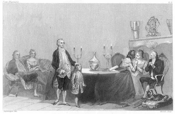 An etching of Cagliostro and a young boy standing in front of a bow of water before a ritual.