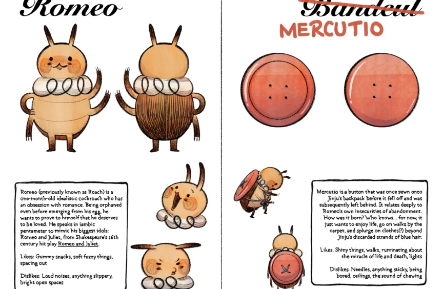 A spread of character designs for Romeo and Mercutio (who changed his name from Bandeul after realizing that Romeo didn't care about him if his name wasn't related to Romeo and Juliet)