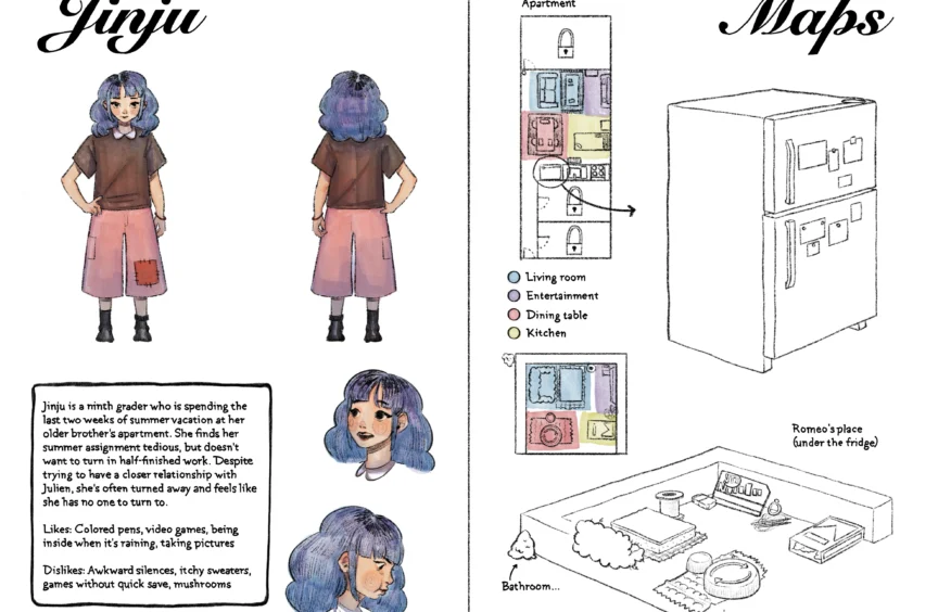 A spread of Jinju's character design and a map of the apartment that Romeo is staying in. The fridge he lives under is also displayed, showing the design of Romeo's place.