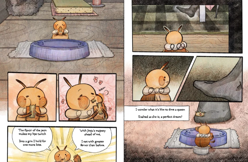 It shows Romeo the cockroach happily eating food before imagining what it would be like to eat together with Jinju's foot.