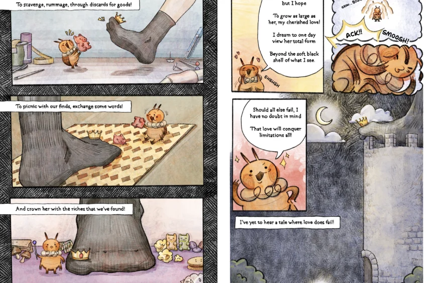 Spread of pages 22 and 23 of Romeo Loves. Romeo continues thinking about what kinds of shenanigans he would get up to with the foot he's in love with. He then imagines growing bigger so he can better suit the foot's large size. He also imagines saving Jinju's foot from a tall tower because he believes love has never failed.