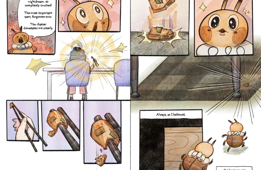 Spread of pages 14 and 15. Romeo's anger is disrupted by a falling piece of jeon, a Korean kimchi pancake. Mesmerized, he rushes after the food, believing it to be a sign of love from Jinju.