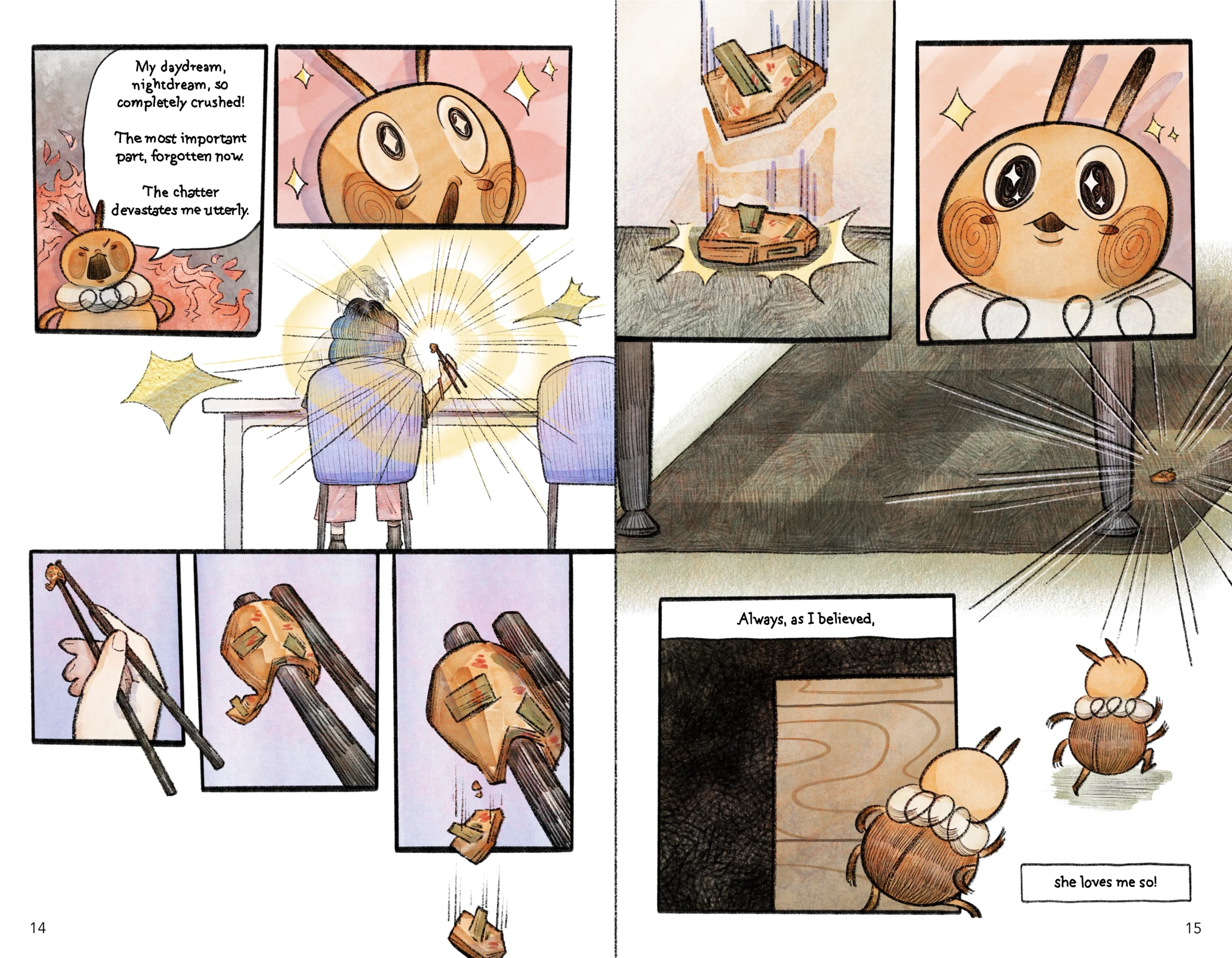 Spread of pages 14 and 15. Romeo's anger is disrupted by a falling piece of jeon, a Korean kimchi pancake. Mesmerized, he rushes after the food, believing it to be a sign of love from Jinju.