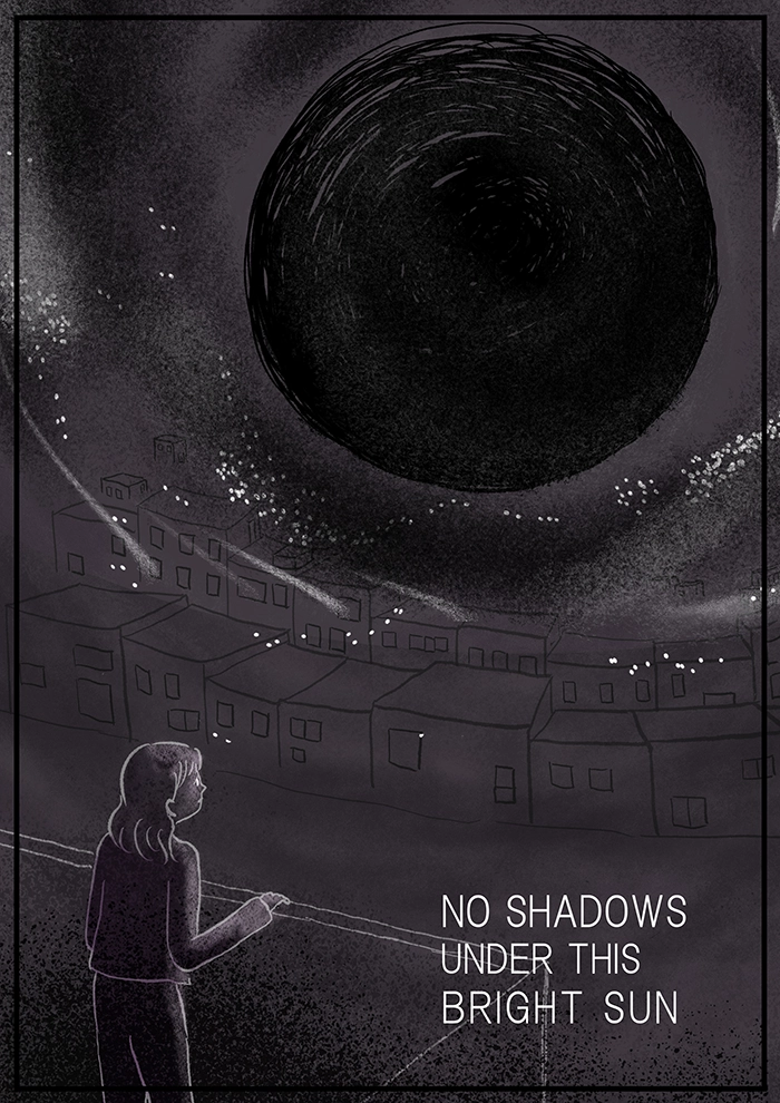 A woman stands against a balcony and observes a dark sphere in the sky, in black and white.