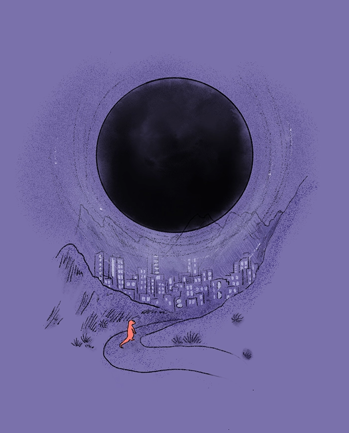 An orange gecko stands on a path between large mountains and observes a dark sphere in the sky, floating above a city on a purple background.